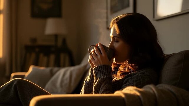 A serene individual is captured in soft, golden light, peacefully sipping a steaming hot beverage from a mug while comfortably seated on a sofa in a cozy home environment. The warm glow illuminates th