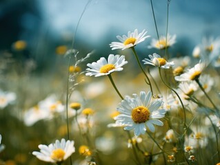 Natural field white yellow daisies, summer day wildflowers bloom, fresh green grass, vibrant meadow, serene rural landscape, tranquil environment, delicate petals, golden centers, outdoor garden scene