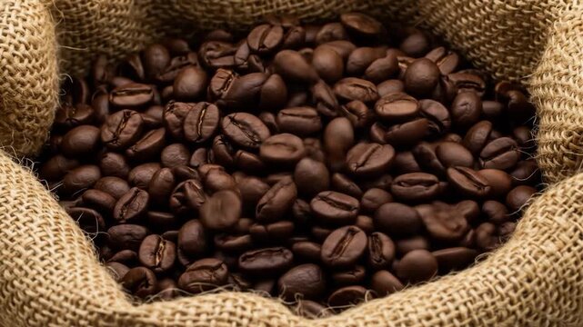 A burlap sack overflowing with roasted coffee beans