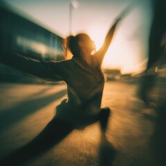 Energetic Woman Dancing Outdoors at Sunset in Motion Blur