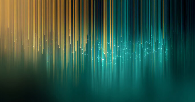 A digital image of a colorful array of vertical streaks in blue and gold tones, with light particles at the bottom