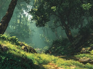 Digital painting of a dense, verdant forest with sunlit clearings and a winding stream, rendered in a detailed and atmospheric style that evokes a peaceful natural environment perfect 