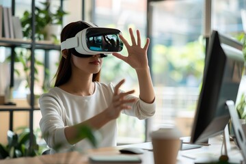 Young woman wearing virtual reality headset, interacting with digital environment, seated at modern workspace, showcasing immersive technology experience and innovation in digital interaction