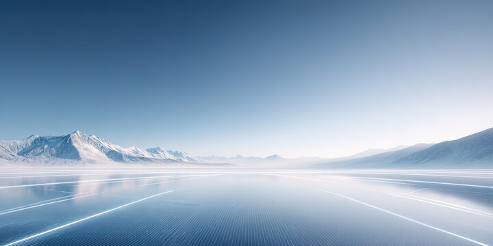 Ice surface and illuminated lines in outdoor space against the backdrop of snow-capped mountains