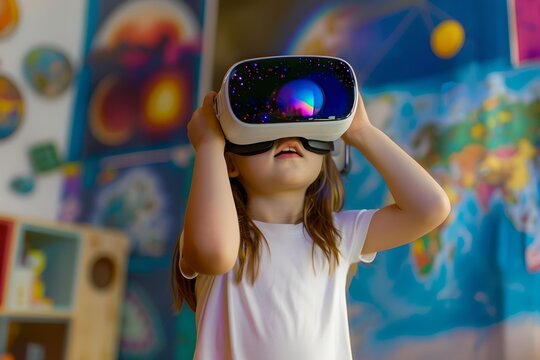 Young girl wearing virtual reality headset, exploring immersive digital world, surrounded by colorful educational posters and playful environment, showcasing modern technology and creativity