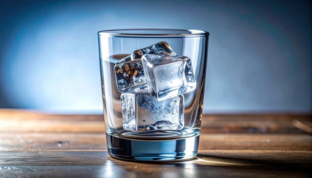 Glass of ice on wooden table clear glass filled with melting ice cubes resting on rich textured wooden surface