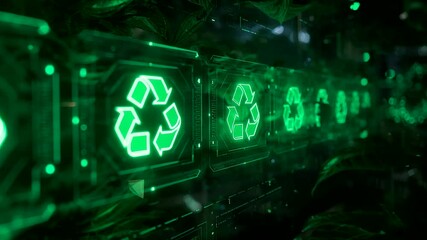 Glowing Green Recycle Symbols on Digital Panels in Dark Industrial Environment with Mist - Powered by Adobe