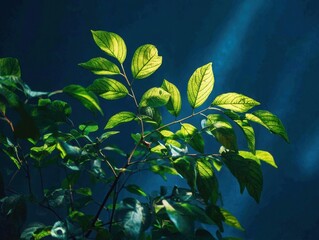 Vibrant Green Leaves Catching Sunlight Against Dark Blue Background - Nature's Glow on Branch