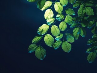 Cascading Green Leaves with Golden Light Edges Against Deep Blue Background - Elegant Botanical Display