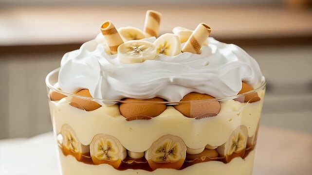 A tempting close-up shot reveals a beautifully layered dessert in a clear glass bowl, brimming with sweet indulgence. This delightful confection features alternating layers of rich, creamy vanilla pud
