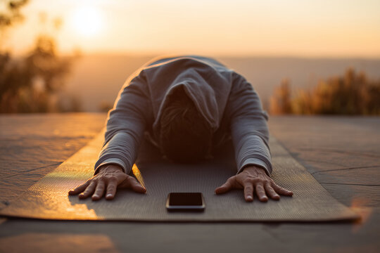 Man doing yoga outdoors at the sunset