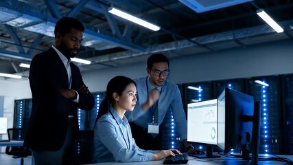 Diverse team of IT professionals collaborating in a modern data center environment - Powered by Adobe