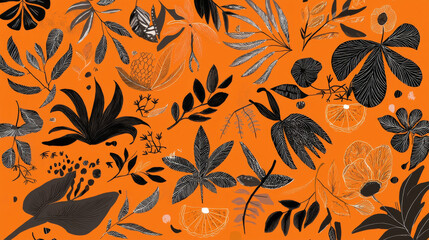 Black leaf orange background botanical pattern floral illustration tropical leaf hand drawn