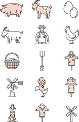 Charming Farm Icons Set Featuring a Pig, Goats, Chicken, Farmer, Eggs, Basket, Pitchfork, Windmill, Scarecrow, and Decorative Elements