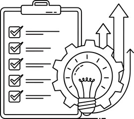 Checklist progress with gear and light bulb, representing innovative solutions and successful project completion