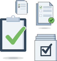 Checklist Icon Set Featuring Clipboard, Paper Documents with Tick Marks, and a Single Check Box