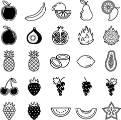 Collection of 25 Fresh Fruits and Berries Icons Set Vector Illustration of Healthy Food and Nature Elements