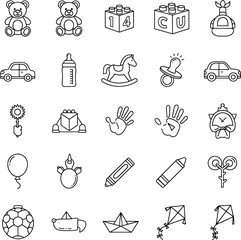 Collection of 25 Hand-Drawn Baby and Kids Toys Icons Set on White Background, Cute Playtime Elements