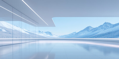 Ice surface and illuminated lines in outdoor space against the backdrop of snow-capped mountains
