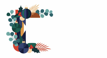 Elegant flat design Christmas corner border featuring geometric ornaments, eucalyptus, and holly, ideal for modern holiday cards and festive winter season promotions.