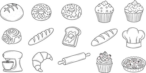 Collection of bakery and pastry items, including breads, muffins, cupcakes, croissants, donuts, and a chef's hat, hand-drawn illustration.