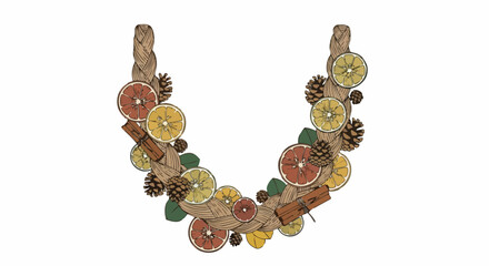 A charming handcrafted garland, artfully arranged with dried citrus slices, fragrant cinnamon sticks, and rustic pinecones, perfect for festive seasonal decoration.