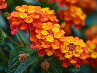 Abundant Lantana Camara Flowers Displaying Rich Orange and Yellow Petals with Verdant Green Leaves, Grouped in Clusters Under Bright Daylight, Showcasing a Flourishing Botanical Display
