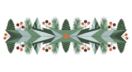 A modern geometric winter border featuring stylized evergreen trees, pinecones, and vibrant berries, perfect for festive seasonal designs.
