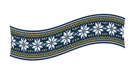 Elegant waving ribbon with a traditional Scandinavian fair isle knit pattern, showcasing intricate snowflakes and geometric designs for festive occasions.