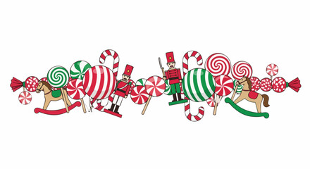 A vibrant and playful Christmas border design featuring classic holiday elements like candy canes, nutcracker soldiers, and rocking horses, perfect for festive celebrations.
