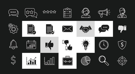 Collection of business and finance icons representing analytics, communication, success, and work with a modern flat design style