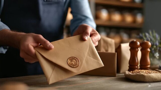 Faceless close crop of hands aligning a neutral brand stamp on kraft envelopes tabletop grain background racks defocused composition with left band open faceless stationery