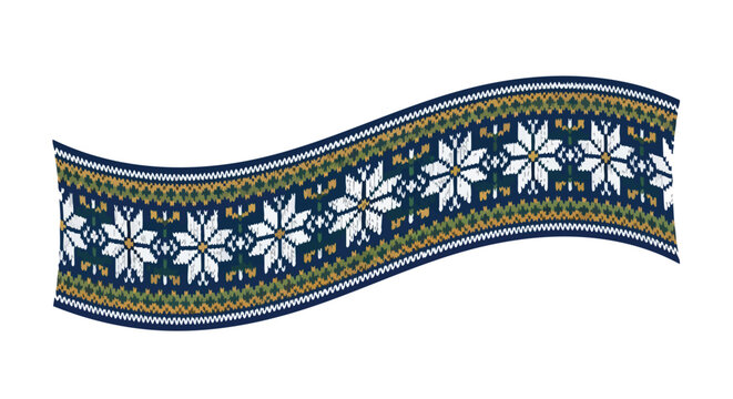 Elegant waving ribbon with a traditional Scandinavian fair isle knit pattern, showcasing intricate snowflakes and geometric designs for festive occasions.