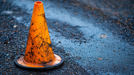 Worn orange traffic cone on wet asphalt, moody scene with reflective puddle