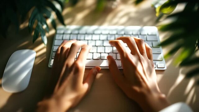 Faceless close crop of hands aligning a wireless keyboard and trackpad on a felt desk mat cable free setup soft window light plant shadow patterns defocused across background