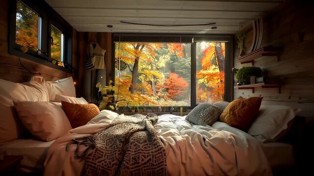 Interior view of RV truck. A detailed, sunlit bedroom with a serene forest view. The room is adorned with a variety of pillows and bedding, including a quilted orange pillow and a patterned blanket.