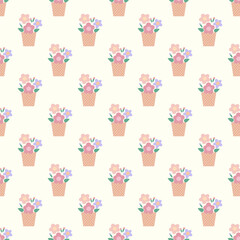 Obraz premium Flower and tree pot icon seamless pattern in cartoon style. Green leaf vector for wallpaper, wrapping paper, backdrop, fabric. Houseplant icon and home interior.