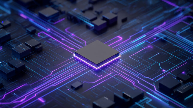 A close-up of a microprocessor on an electronic circuit board with neon blue and purple lines connecting it to other components