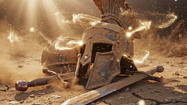 In a dusty, sunlit arena, a worn helmet lies beside a resting sword. Dust swirls around, capturing echoes of ancient battles and stories long gone, inviting imagination.