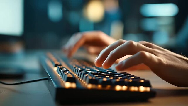 Faceless closeup of typing on a mechanical keyboard shallow DOF on keycaps background monitor glow defocused cool tech ambiance left margin clear faceless keyboard closeup