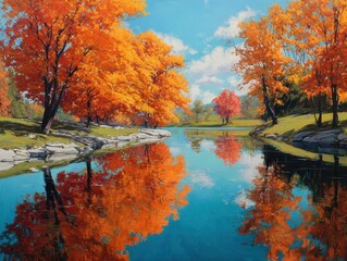Panoramic Autumn Landscape with Reflecting Trees on Serene Lake Vibrant Orange Foliage Under Blue Sky Peaceful Waterscape Painting Outdoor Seasonal View