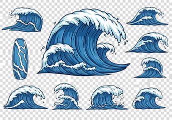 Obraz premium Cartoon sea waves. Blue powerful ocean tide wave with curling water splashes and foam, big tsunami. Surf, tropical design, summer marine water elements. Nautical vector isolated set.