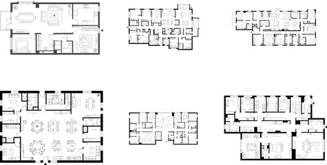 Collection of six architectural floor plans for residential buildings