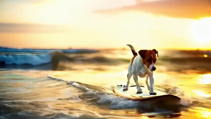 A dog stands poised on a surfboard at the beach during sunset. The sun casts a warm, golden hue over the scene, reflecting off the waters surface.