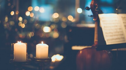 Candle light concert with soft acoustic music and warm glowing festive lights