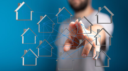 Concept of Real Estate Network and Homeownership with a person touching a house network, connection concept, for home buying, real estate busine