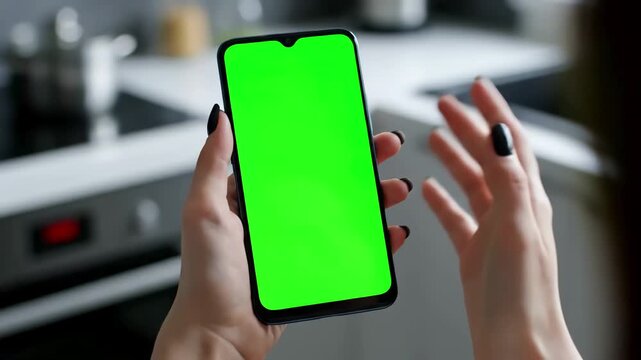 Green Screen young hands woman holding use smartphone with vertical mobile phone background kitchen technology information communication device business girl cellphone display slow motion scene 4