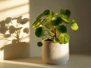 Pilea Peperomioides Houseplant in White Pot Sunlit Interior Decorative Greenery Sunlight Shadow Pattern Indoor Plant Decor