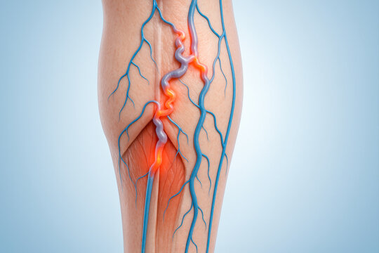 Anatomically accurate 3D rendering showing varicose veins in the upper leg with twisted vessels, valve failure, and blood pooling.
