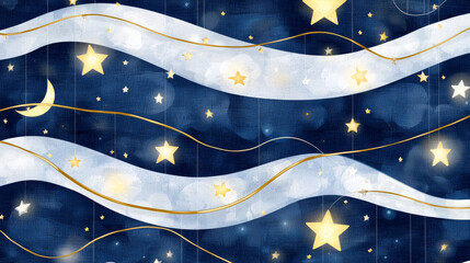 Glowing stars and crescent moon over flowing ribbons create dreamy night sky scene